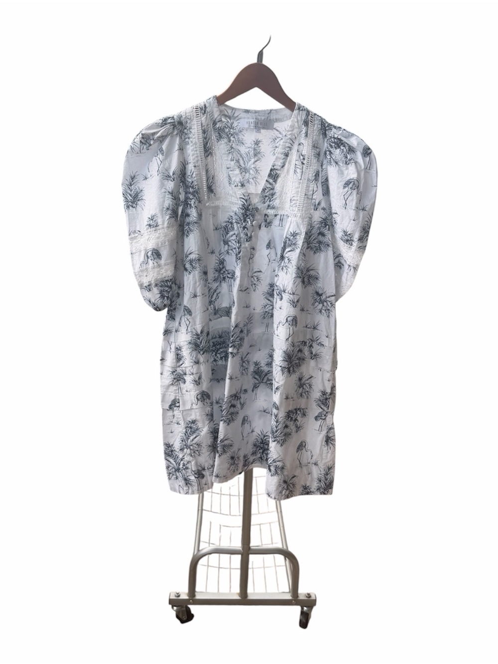 HUNTER BELL White Tunic with Black Tropical Print and Puff Sleeves